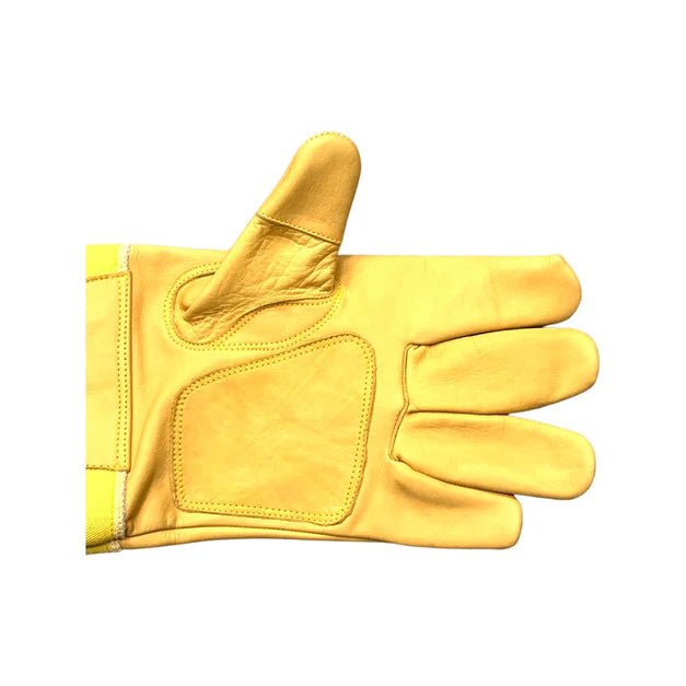 Cowhide Glove with Reinforced Full Thumb, Palm, and Long Sleeve w/ Velcro Loop (MI - 0005) Texas Honeybee Ag Exemption Program Fort Worth Ten Box Bees
